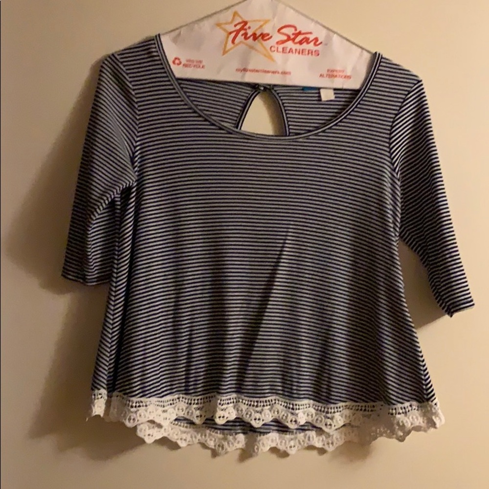 Blue and white lace trimmed top